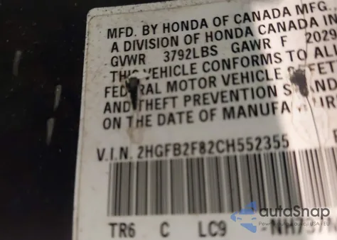 2012 Honda Civic Ex z USA, uszkodzony, nr VIN 2HGFB2F82CH552355